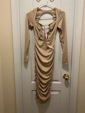 long sleeve cut out halterneck midi dress in beige Beige Cut-Out Long Sleeve Midi Dress